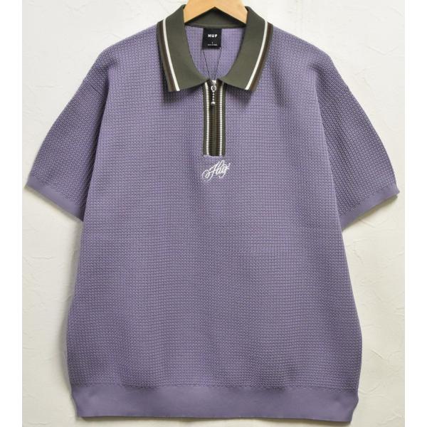 【アウトレット】未使用品 展示品 HUF ハフ 半袖ポロシャツ ニット ハーフジップ ライトパープル×グリーンカーキ ロゴ刺繍 メンズL 新品(45323