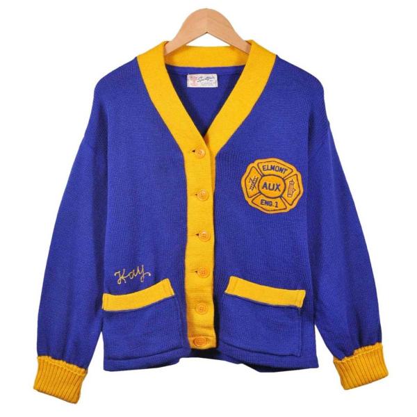 ヴィンテージ 1960年代頃 Sportsfair スポーツフェア レタードカーディガン ネイビー×イエロー レディースXL相当(15093