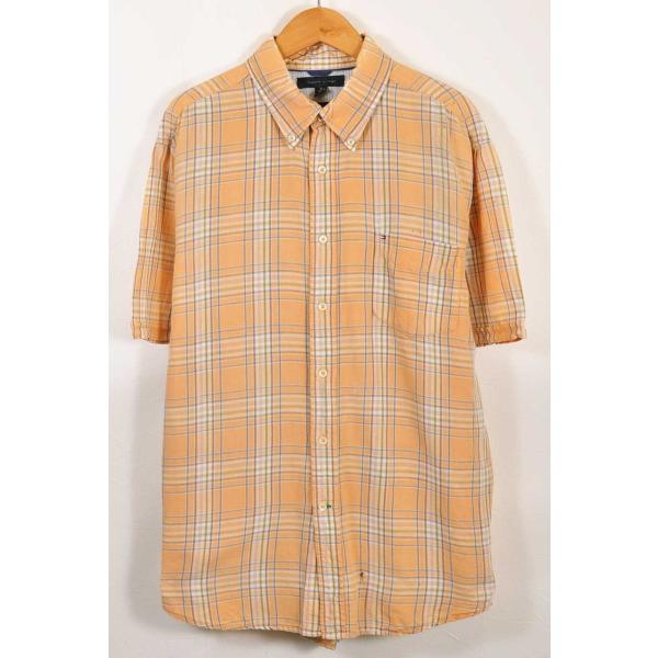 ビッグサイズ TOMMY HILFIGER トミーヒルフィガー リネン混 半袖シャツ チェック柄 メンズXL【22235OK