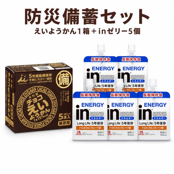 保存食 長期保存 防災備蓄 非常食 inゼリー エネルギー ロングライフ 5個 チョコえいようかん ５本入り1箱 災害 地震 台風 備え 登山 アウトドア スポーツ