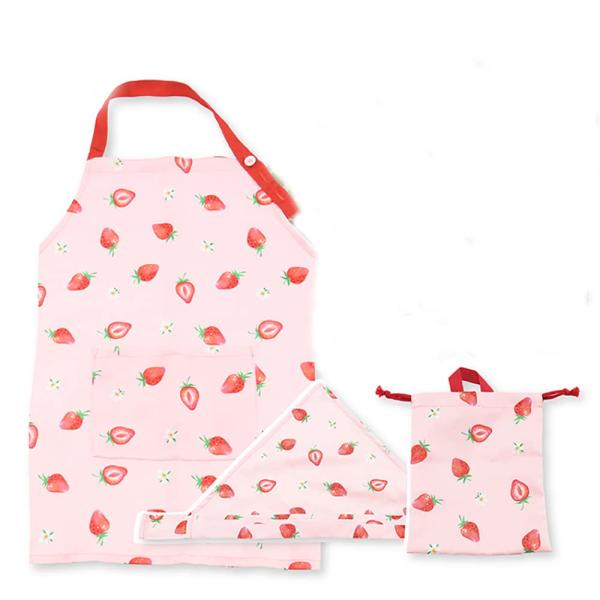 ヤクセル 収納袋付き エプロン 子供用 3点セット 身長 120~150cm 三角巾 巾着 調理実習 L いちごとおはな ピンク 50518