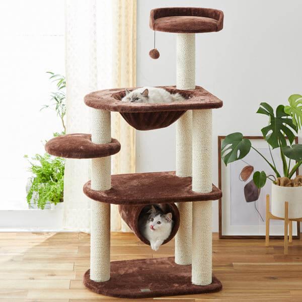 ハンモックでゆらゆらパンチングタワー 猫 ねこ キャットタワー ハンモック おもちゃ 爪とぎ ブラウン シンプル 据え置き ペット ペピイ Peppy Peppy ペピイ Paypayモール店 通販 Paypayモール