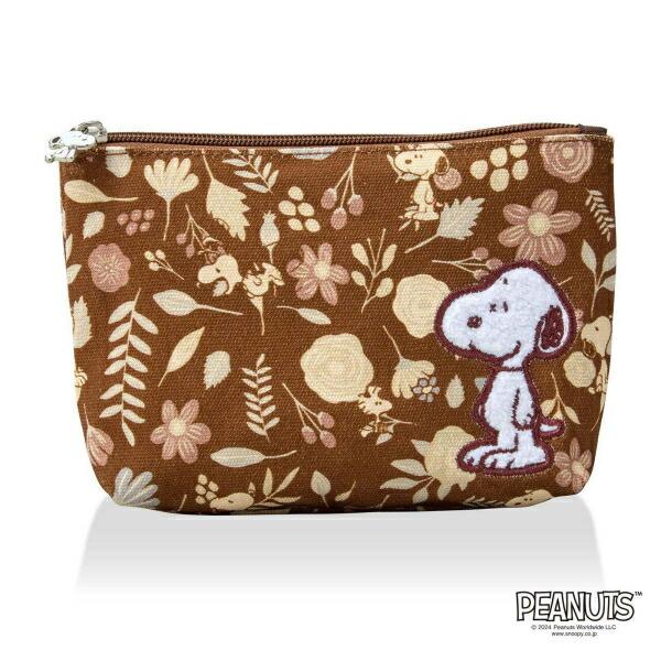 サガラ刺繍がかわいいポーチです。バッグ前面のスヌーピーの絵柄部分が刺繍になっています。（ナチュラルフラワーガーデンとブラウンフラワーガーデンの柄は全体は総柄で、バッグ前面の右下のスヌーピーが刺繍になっています。）コスメ、アクセサリー、目薬、...