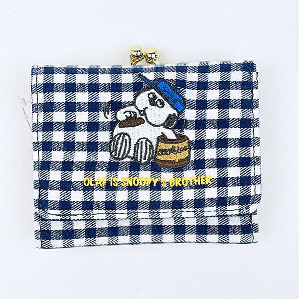 スヌーピーのきょうだい、オラフの三つ折り財布です♪ネイビーチェックのシンプルデザイン♪ほのぼのしたオラフが刺しゅうされていて、とっても可愛い♪同シリーズで集めたくなっちゃう☆彡