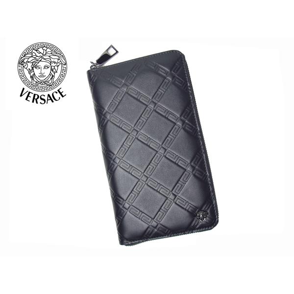 VERSACE 未使用品 イタリア製 グレカ柄型押し レザー 長財布 ブラック