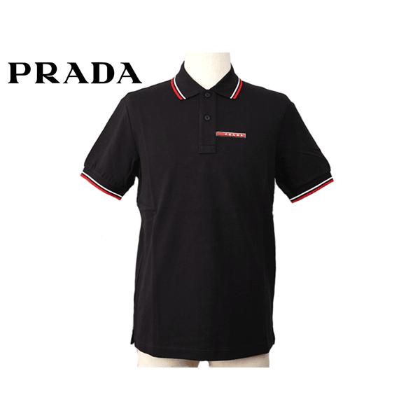 プラダ ポロシャツ PRADA SJJ887 NERO ロゴタグ付き 襟袖赤白ライン入り メンズ向け ブラック 鹿の子 半袖 ポロシャツ PRADA  SPORT プラダスポーツ プラスポ