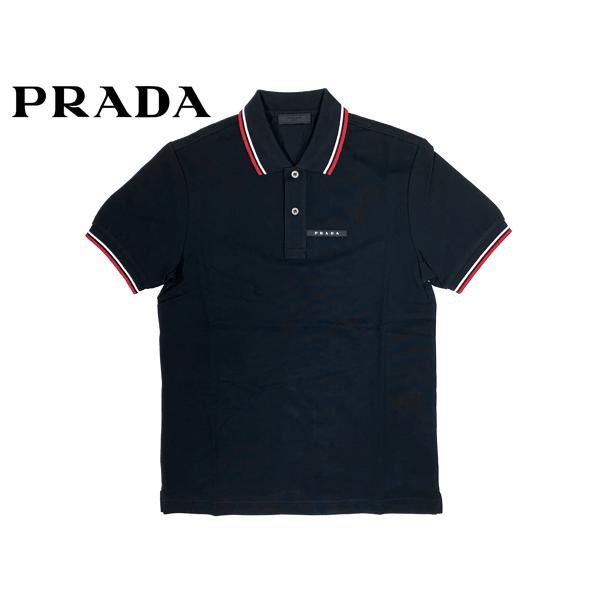 プラダ ポロシャツ PRADA SJN256 NERO ロゴタグ付き 襟袖赤白ライン入り メンズ向け ブラック 鹿の子 半袖 ポロシャツ XLサイズ  プラダスポーツ プラスポ