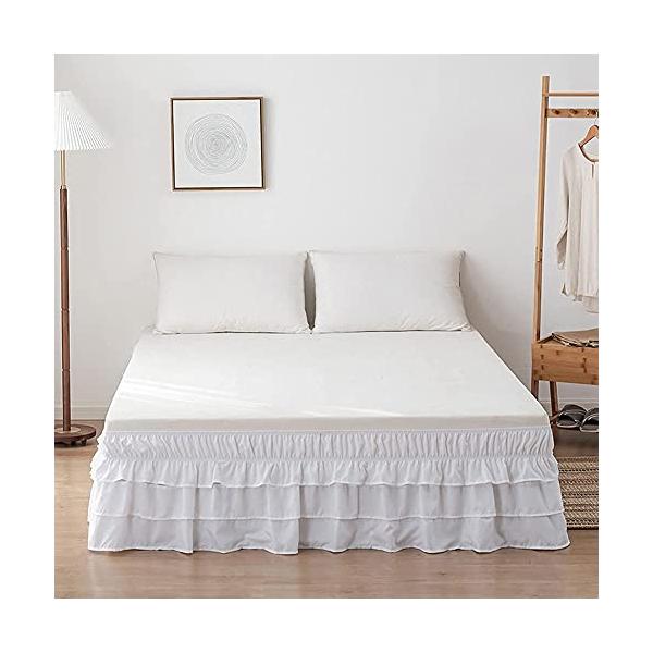 Hikki ベッドスカート シングル 簡単フィット ベッド用 伸縮性 フリル付き ベッド飾り 無地 ホコリ防ぎ ベッドルーム 雰囲気アップ ホワイト