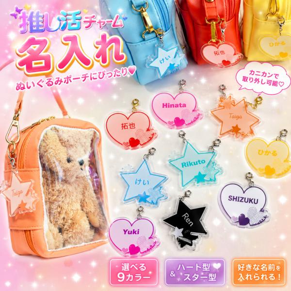 推し活  ぬいぐるみポーチ & お名前チャーム クリアポーチ クリアケース ぬいケース ちびぬい 名入れ キーホルダー 痛バッグ 透明 収納 グッズ全 9色