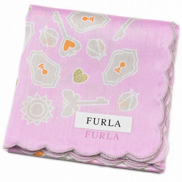 フルラ FURLA ハンカチ 1枚 レディース ブランド ライトパープル キー柄 ハート ゴールドラメ プリント 女性 婦人 ギフト