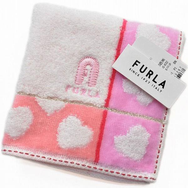 フルラ FURLA タオルハンカチ ミニタオル 1枚 レディース ホワイト ピーチ ピンク ハート ブロックチェック ロゴ刺繍 ハンドタオル