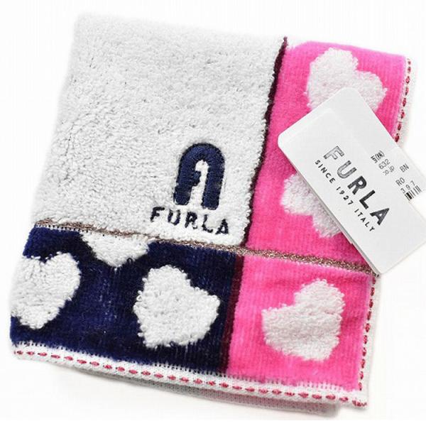 フルラ FURLA タオルハンカチ ミニタオル 1枚 レディース ホワイト ネイビー ピンク ハート ブロックチェック ロゴ刺繍 ハンドタオル