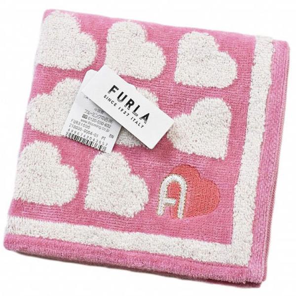 フルラ FURLA タオルハンカチ 1枚 レディース ブランド ピンク ホワイト ハート ライン ロゴ刺繍 ハンドタオル 女性 婦人