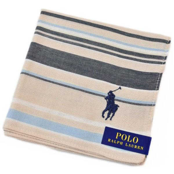 ポロ ラルフローレン メンズ ハンカチ 綿100％ ライトベージュ ボーダー ロゴ刺繍 POLO Ralph Lauren 紳士 ブランド ギフト