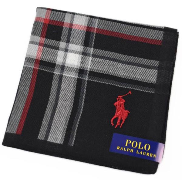 ポロ ラルフローレン メンズ ハンカチ 綿100％ ブラック ホワイト レッド チェック ロゴ刺繍 POLO Ralph Lauren