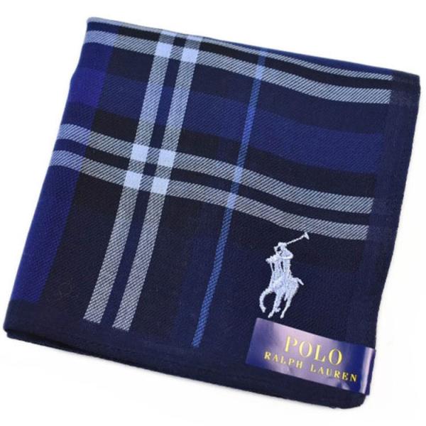 ポロ ラルフローレン メンズ ハンカチ 綿100％ ネイビー ブルー チェック ロゴ刺繍 POLO Ralph Lauren ギフト