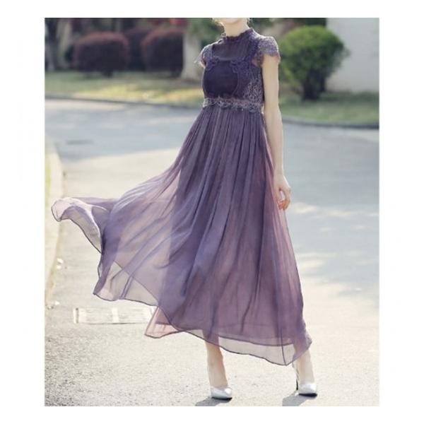 ワンピース ドレス シフォン 紫 パープル ロング ミモレ丈 ハイネック キャップスリーブ パフスリーブ 半袖 個性的 レトロ かわいい 代 30代 40代 Buyee Servis Zakupok Tretim Licom Buyee Pokupajte Iz Yaponii