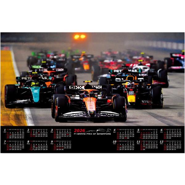 2024年9月シンガポールのマリーナ・ベイ・ストリート・サーキットで開催されたF1グランプリ・オブ・シンガポールのワンシーン。マクラーレンMCL38メルセデスを駆るランド・ノリスが後続をリードしてターン1に進入した一瞬を迫力あるカレンダーに...