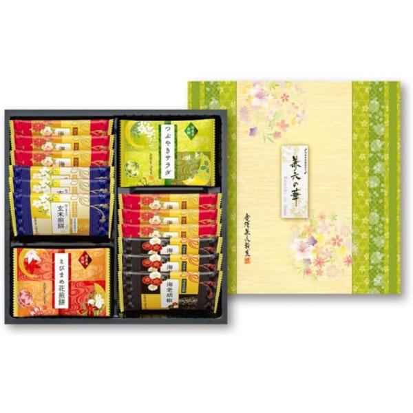 国産米100％にこだわった煎餅の詰合せ。個包装なので手土産に最適♪◆金澤兼六製菓　兼六の華　KRN-10R◆【商品詳細】 ●内容：海老カレー×6、えびまめ花煎餅×3、つぶやきサラダ×3、黒ごま入り玄米煎餅×3、海老胡椒×3　●化粧箱：250...