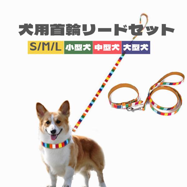 犬 首輪 リード セット 小型犬 中型犬 レインボー カラフル 可愛 S M L