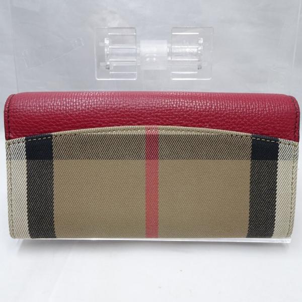 美品 Burberry 株式会社midoriyaのバーバリー ミリタリーレッド ハウスチェック 二つ折り コットン グレインカーフレザー 財布 長財布 バーバリー 株式会社midoriya ハウスチェック