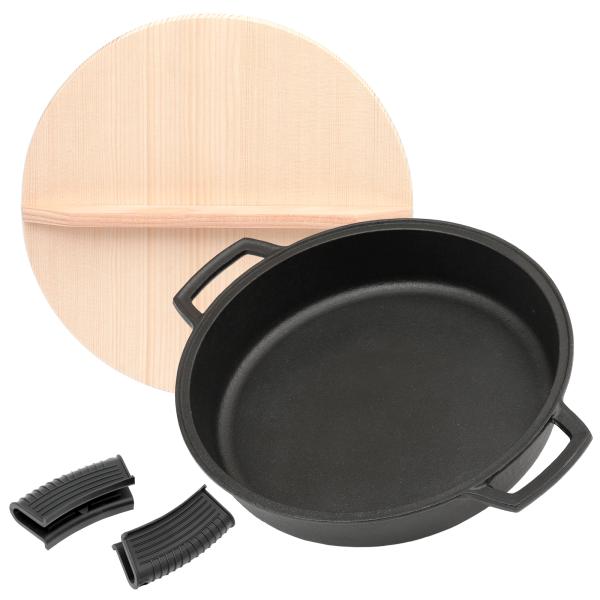 特典付き】南部鉄器 浅型両手鍋 すき焼き鍋 木蓋つき k内径25cm