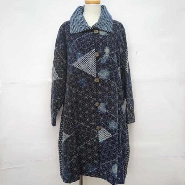 古布　ヴィンテージ　コート　縞柄　パッチ　刺し子 美品 古布母屋 鈴木満子 刺し子 コート レディース 作家物 刺子