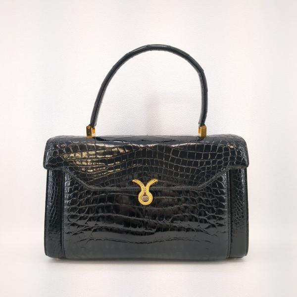 ハンドバッグ シャイニングクロコダイル 革 ゴールド金具 ブラック