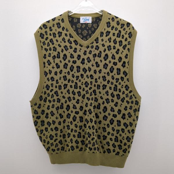 ケボズ ニットベスト モスグリーン レオパード柄 SIZE M Vネック KEBOZ