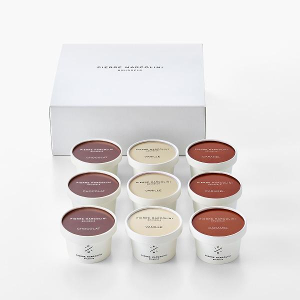 ショコラティエだけでなくグラシエ（アイスクリーム職人）でもあるピエール マルコリーニ。厳選した素材を使用した濃厚できめ細やかなアイスは、誰もが虜になる美味しさです。定番の3フレーバーが味わえる9個入りボックスです。※フレーバーの変更はできま...