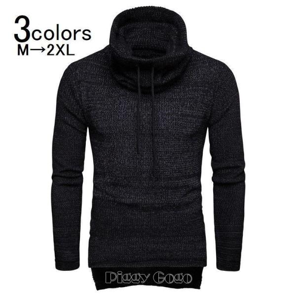 ニット セーター ハイネック タートルネック 長袖 メンズ トップス プルオーバー 紐付き 袖口穴 親指穴 重ね着風 2重裾 シンプル 柄なし 無地 ニット セーター ハイネック タートルネック 長袖 メンズ トップス