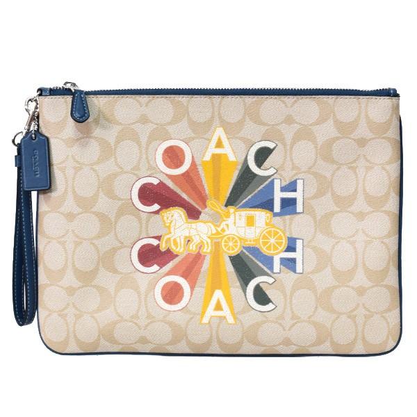 コーチ バッグ COACH コーティングキャンバス スムースレザー シグネチャー ロゴ レインボー リストレット 30 クラッチバッグ ライトカーキ×デニムマルチ 76751 COACH（コーチ） バッグ コーティングキャンバス スムースレザー