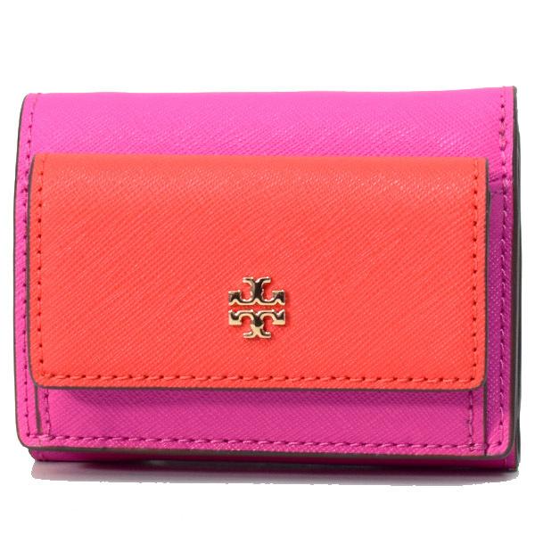 新品✨トリーバーチ✨三つ折り財布✨エマーソン✨カラーブロック✨ピンク オレンジ系 TORY BURCH（トリーバーチ） 財布 サフィアーノレザー エマーソン