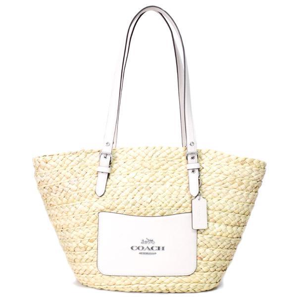 COACH コーチ バッグ ストロー スムースレザー かごバッグ ロゴ ラージ 