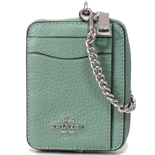 COACH（コーチ） カードケース ぺブルレザー チェーン ロゴ ジップ