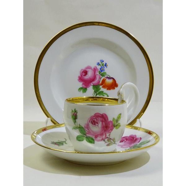 マイセン ピンクローズ スワンハイハンドル カップソーサーとプレート  