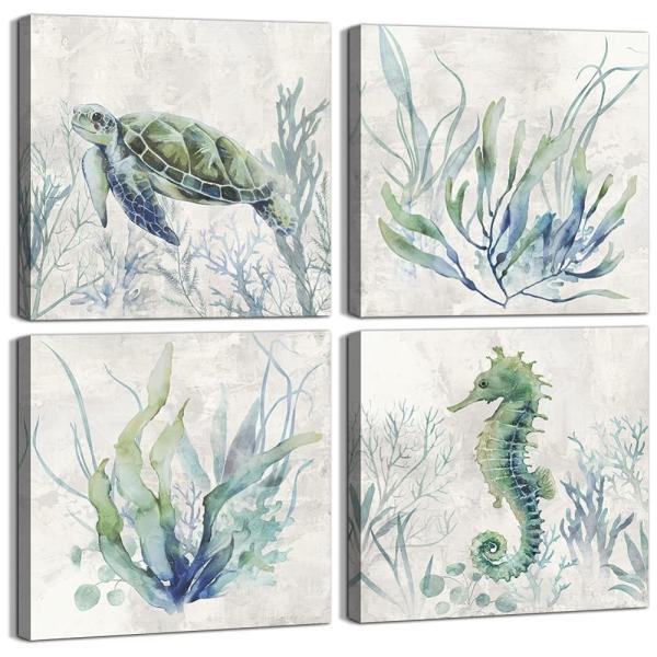 WZSart 海洋動物 植物 バスルーム装飾 キャンバス ウォールアート 水彩