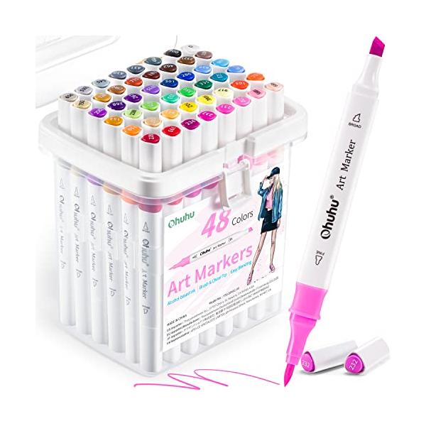 Ohuhu マーカーペン 筆タイプ 48色 初心者 筆・太字 イラストマーカー