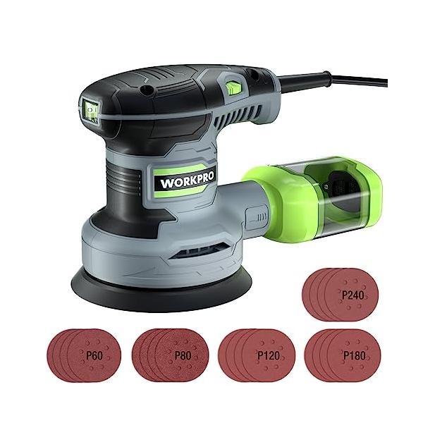 WORKPRO サンダー ランダムサンダー 13000RPM 6段階調速 高集塵システム マジックテープ式 サンドペーパ