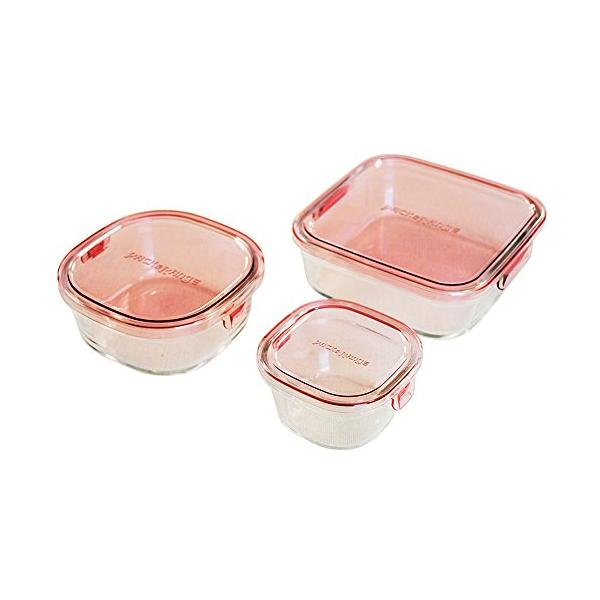 iwaki(イワキ) 耐熱ガラス 保存容器 ピンク 角型 3個セット