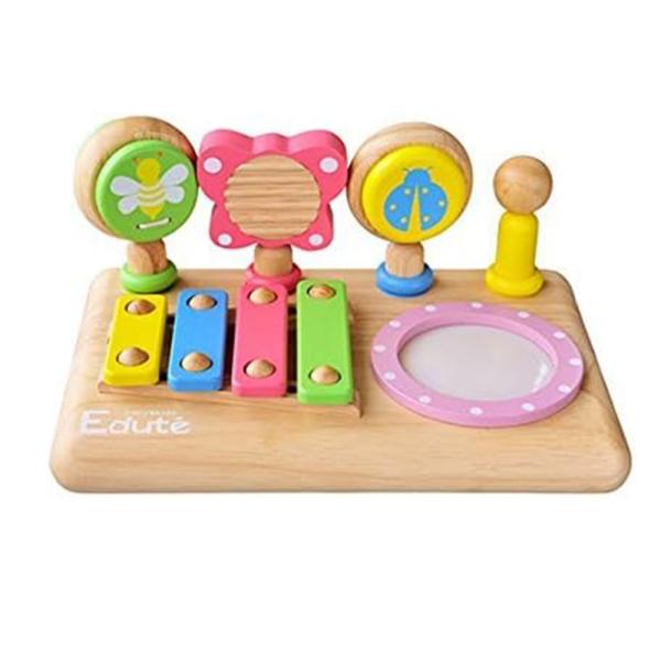 ラッピング 誕生日 1歳 出産祝い ベビーサイズのミニ楽器が詰まったミュージックセット。楽器はカスタネット、ギロ、マラカス、木琴、太鼓の５種類。はじめての音遊びにオススメです。無料ラッピングも承ります☆