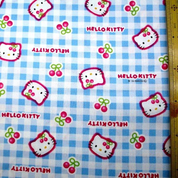 キャラクター 生地 布 キティ （ サクランボ チェック ブルー系 ) 柄
