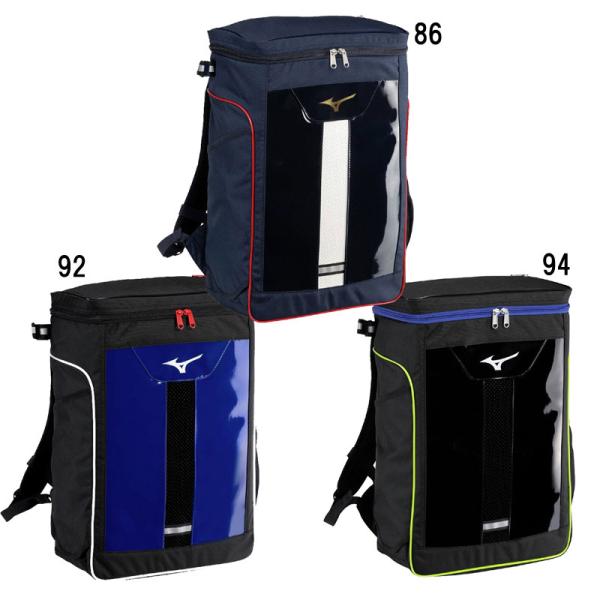 MIZUNO バックパックJr (28L) 限定カラー23Lでは物足らない中高学年へ■サイズ：L30×W16×H46cm■容量：約28L■素材：ポリエステル（裏加工PU）、合成皮革（PUエナメル）■カラー86：ネイビー×レッド（ジャパンカラ...