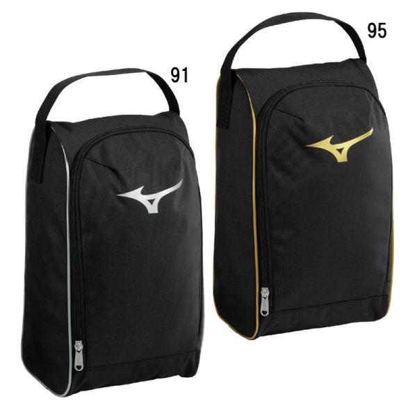 MIZUNO シューズケース大きな開口部でシューズを入れやすい設計■素材ポリエステル（裏加工PU）■サイズ：L19×W13×33cm■質量：約140g■カラー91：ブラック×シルバー95：ブラック×ゴールド■原産国：ベトナム製