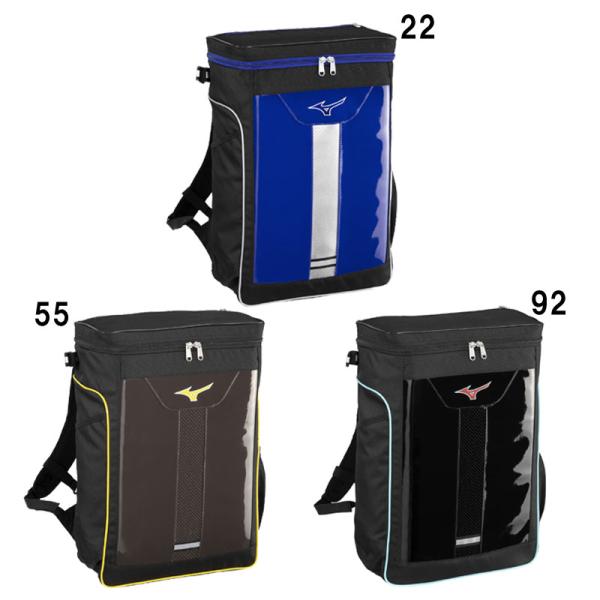 MIZUNO バックパックJr.28L限定カラー■サイズ：L30×W16×H46cm■容量：約28L■素材：ポリエステル（裏加工PU）・合成皮革（PUエナメル）■カラー:22：ロイヤルブルー55：ブラウン92：ブラック×ターコイズ■質量：約...