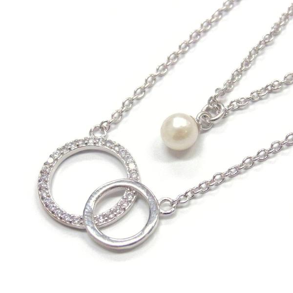 アコヤ真珠　パール２連ペンダント　4-4.5mm　ラウンドモチーフ　キュービックジルコニア　シルバー製　