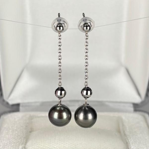 ≪1点物≫黒蝶真珠 チェーンパールピアス 7.5-8mm グリーン系 セミラウンド ドロップ Pt900 プラチナ GIA宝石鑑定士保証書付き