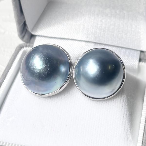 マベ真珠 パールイヤリング グレー 無調色 17-18ｍｍ 半円 シルバー製 SV925
