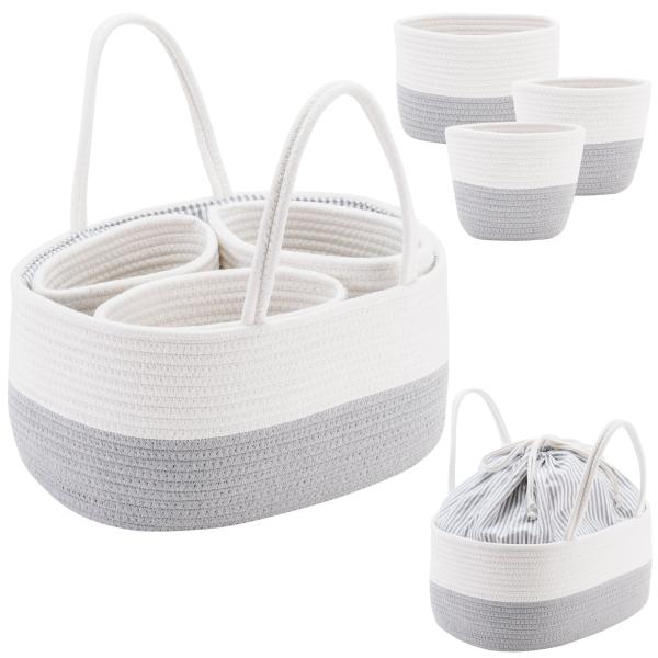 【商品概要】【巾着付き】ふた付きなので中身を隠すことが出来ます。外出時、中身がみえないように巾着ふたで閉めればホコリ等も入らず衛生的です。かわいい作りなのでどんなインテリアにも馴染めます。【仕切りカゴ3つ付き】カゴは外せる。小物入れとしても...