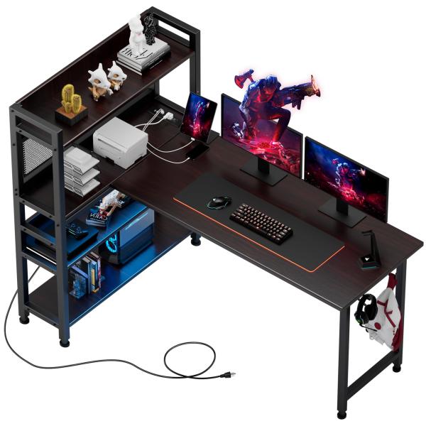 GTPLAYER ゲーミングデスク l字 コンセント付き led ラック付き